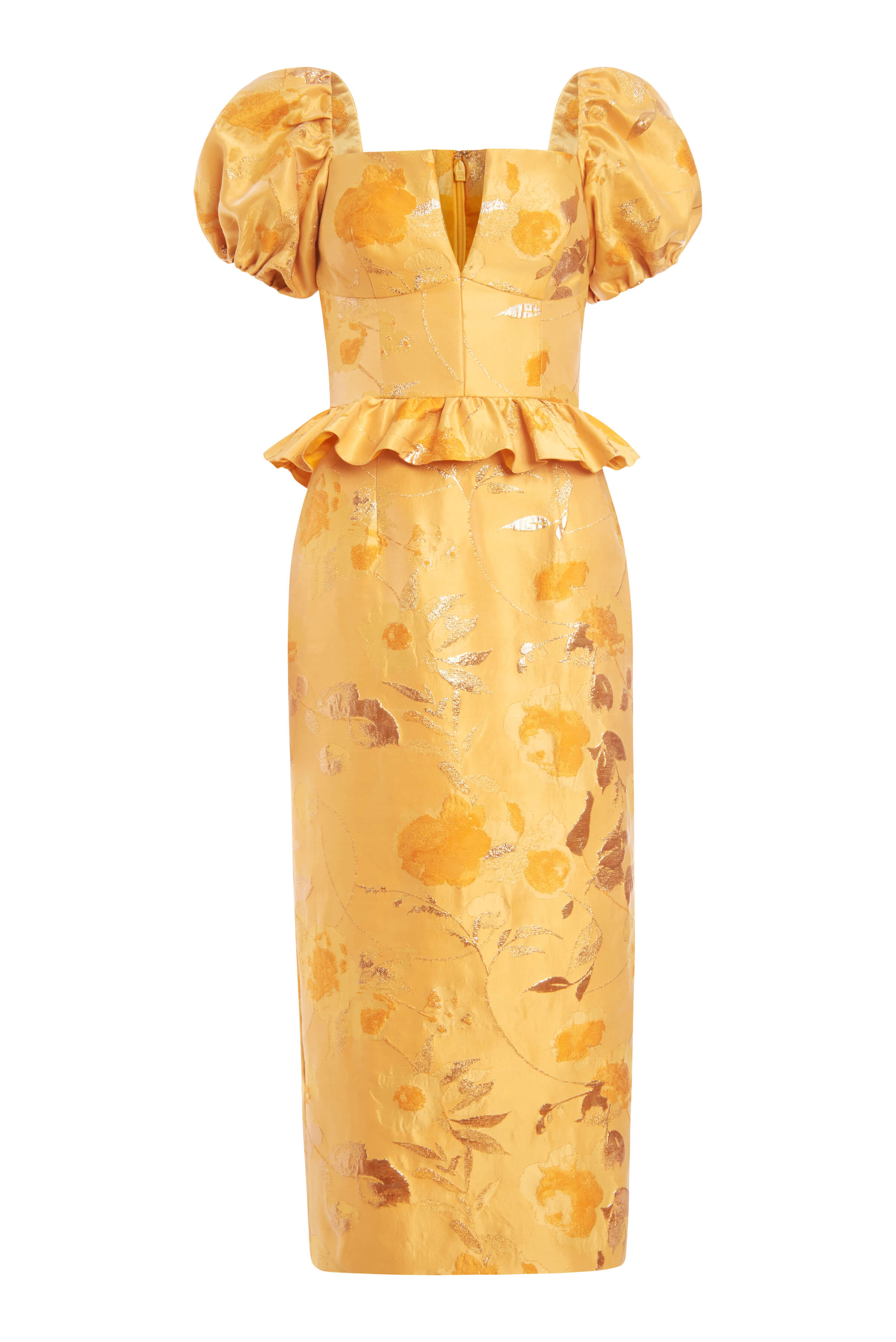 Yara Gold Floral Brocade Midi Dress