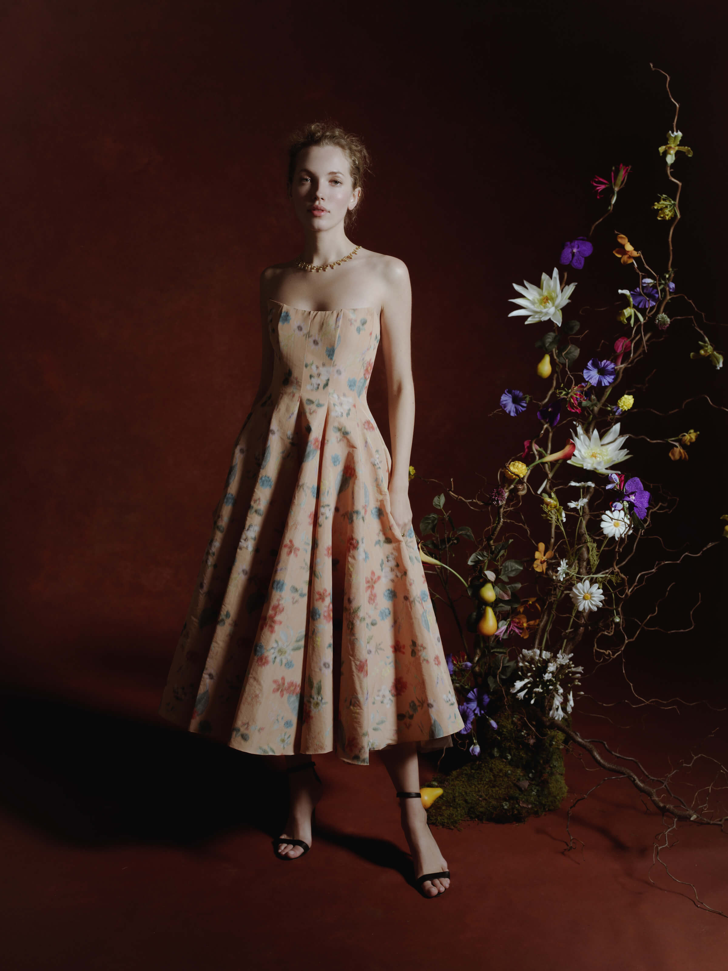 Rousseau Floral Ikat Strapless Midi Dress