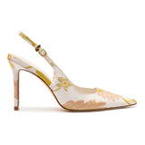 Larroudé x Markarian Kaitlan Pump In Pink And Gold Floral Brocade