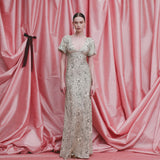 Lilou Black Floral Printed Twill V-Neck Gown