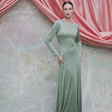 Coco Pistachio Green Floral Jersey Long Sleeve Gown
