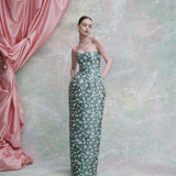 Marianne Green and White Floral Brocade Gown
