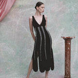 Brandy Pearl Stripe Embroidery Midi Dress
