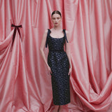 Acacia Navy Floral Brocade Corset Midi Dress