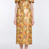 Gloria Golden Metallic Floral Brocade Midi Dress