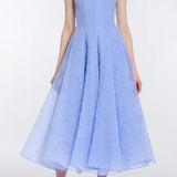 Rousseau Powder Blue Floral Cloque Midi Dress