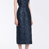Acacia Navy Floral Brocade Corset Midi Dress