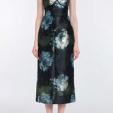 Domino Metallic Watercolor Floral Brocade Halter Midi Dress