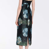 Domino Metallic Watercolor Floral Brocade Halter Midi Dress
