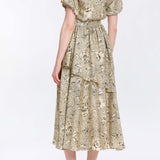 Violeta Black Floral Printed Twill Flounce Skirt Midi Dress
