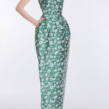 Marianne Green and White Floral Brocade Gown