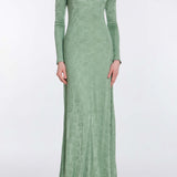 Coco Pistachio Green Floral Jersey Long Sleeve Gown