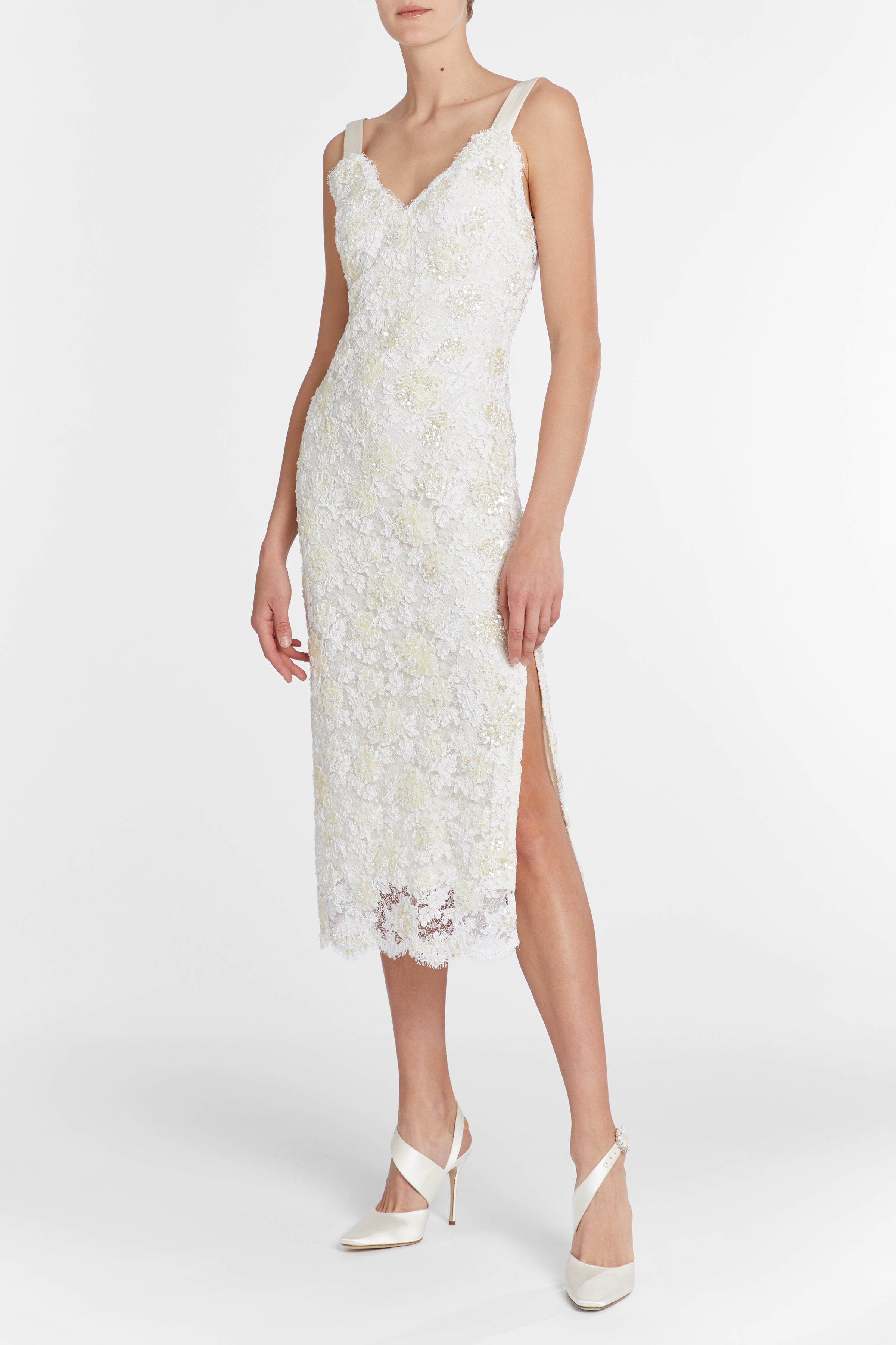 Bianca Beaded Lace Shift Dress With Side Slit