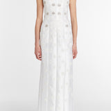 Sylvie White Silk Paneled Column Gown With Daisy Beading