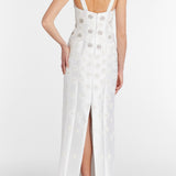 Sylvie White Silk Paneled Column Gown With Daisy Beading