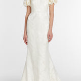 Luisa Off-The-Shoulder White Floral Jacquard Gown With Puff Sleeves