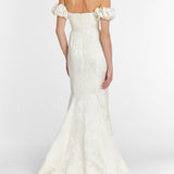 Luisa Off-The-Shoulder White Floral Jacquard Gown With Puff Sleeves