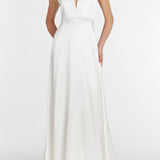Francoise White Silk V Neck Halter Gown With Train