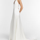 Francoise White Silk V Neck Halter Gown With Train