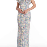 Demetra Watercolor Floral Ikat Ruffled Bodice Gown