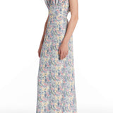 Demetra Watercolor Floral Ikat Ruffled Bodice Gown