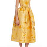 Apple Gold Floral Brocade Midi Dress