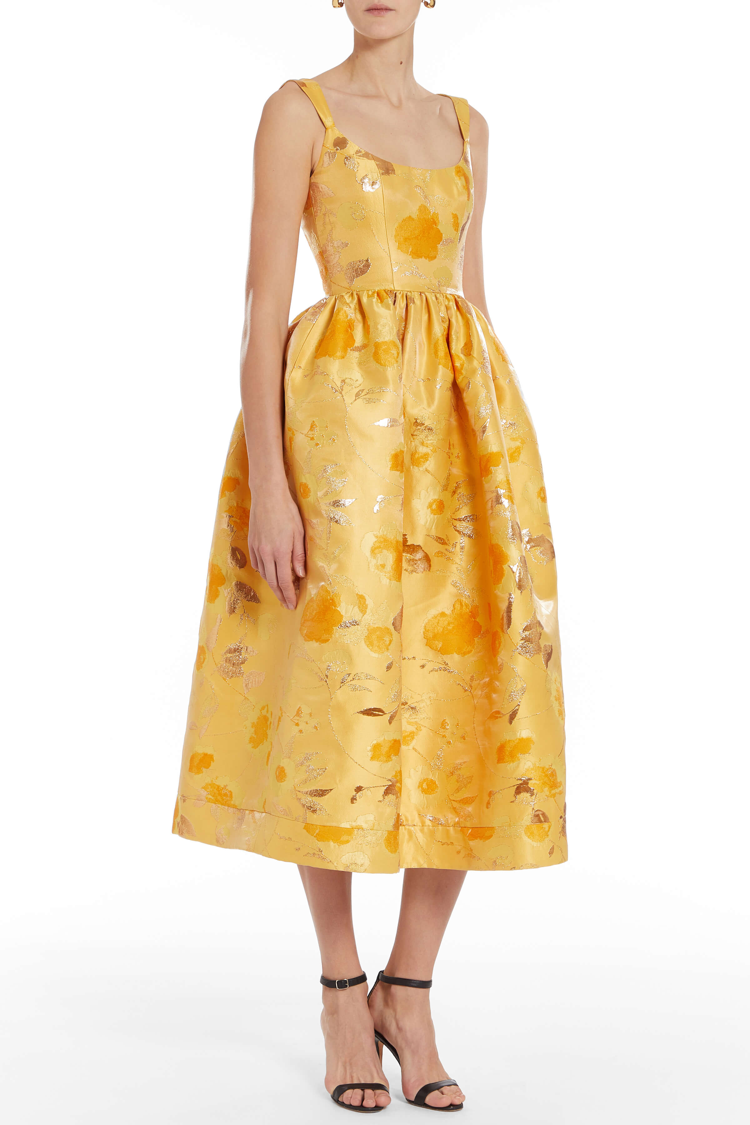 Apple Gold Floral Brocade Midi Dress