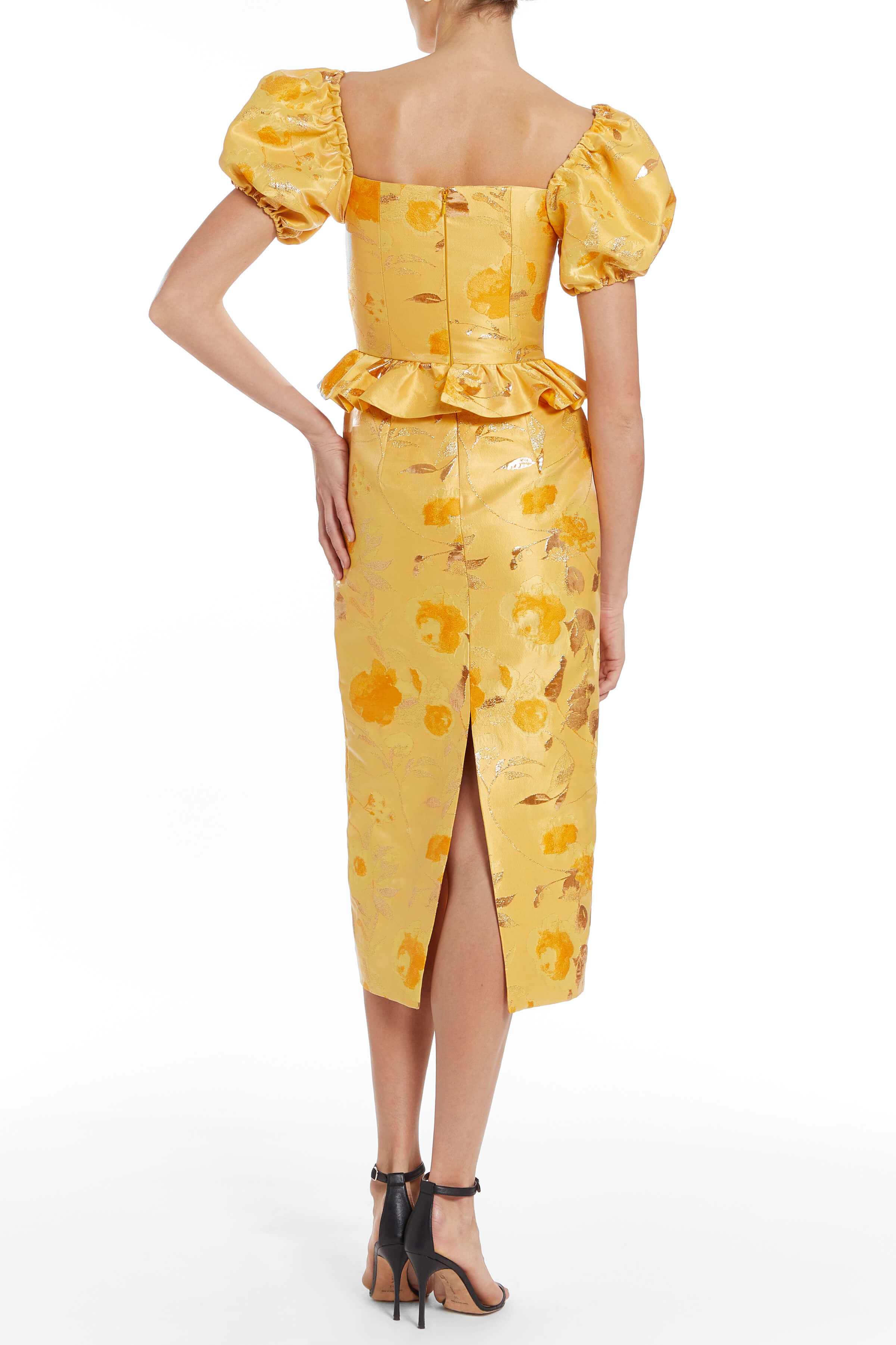 Yara Gold Floral Brocade Midi Dress