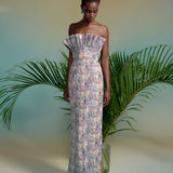 Demetra Watercolor Floral Ikat Ruffled Bodice Gown