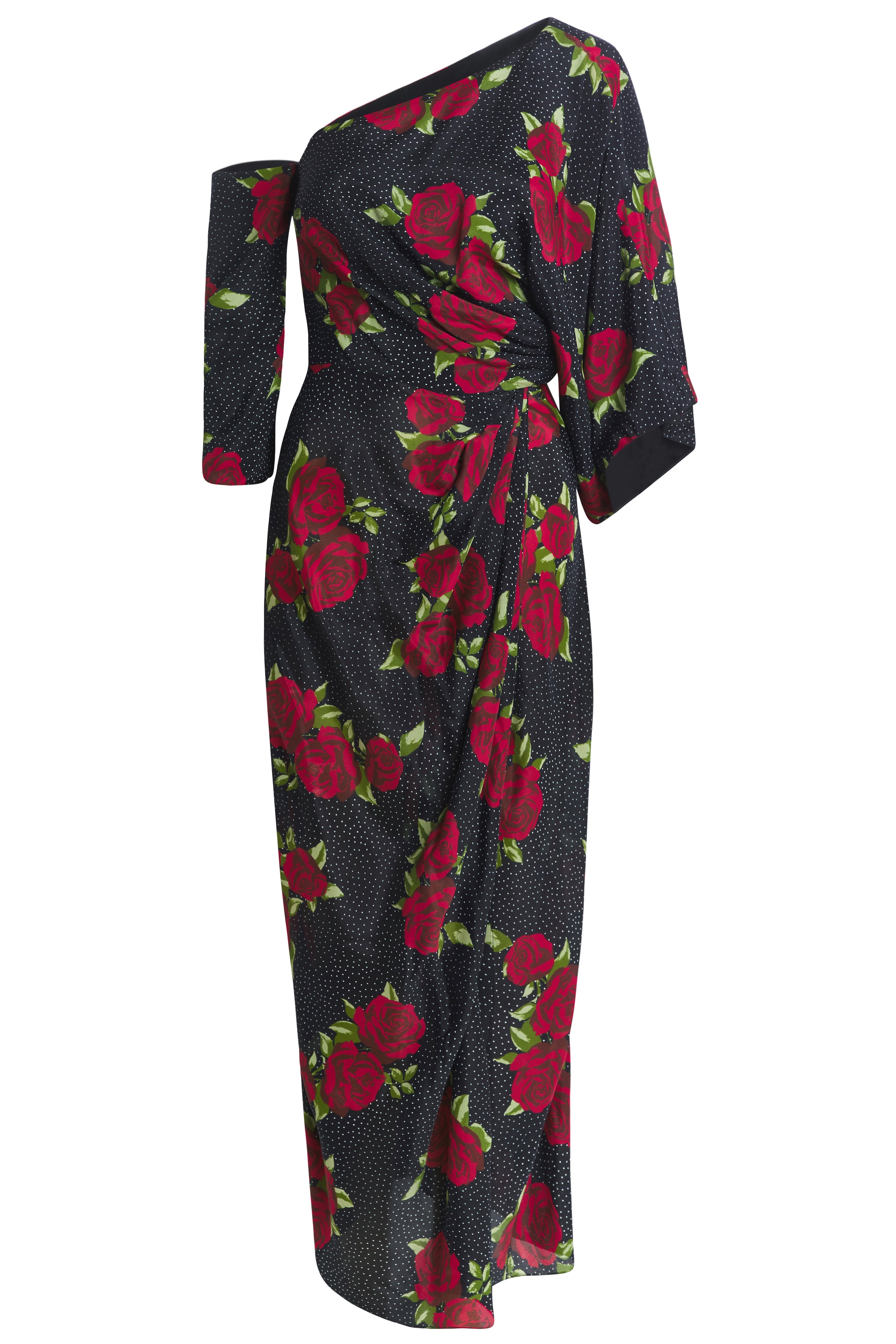 Bijou Rose Print Asymmetric Midi Dress