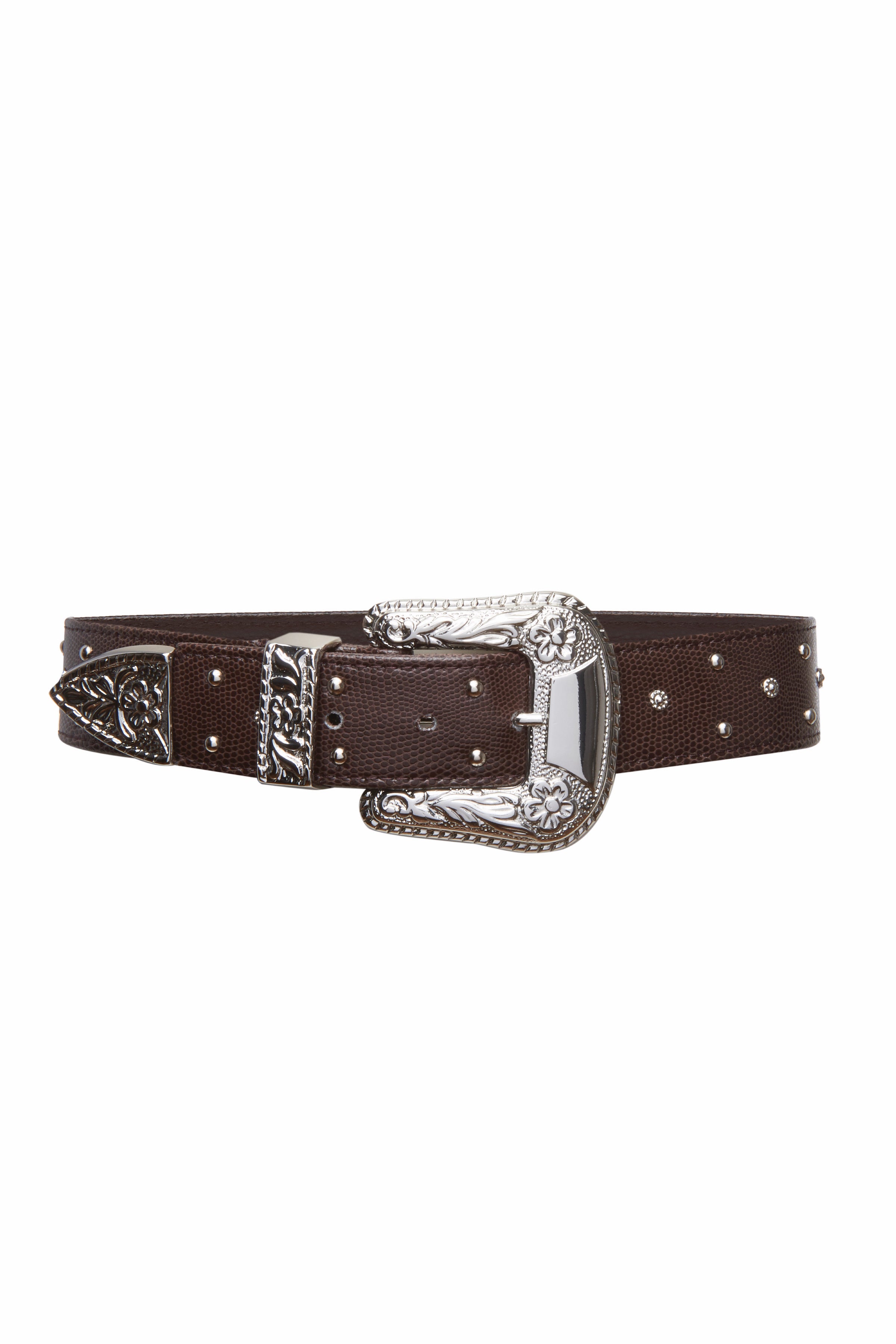 Serendipity Brown Leather Belt with Engraved Silver Buckle and Studs