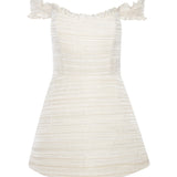 Scarlett Pleated Off-The-Shoulder Mini Dress in Duchess Satin
