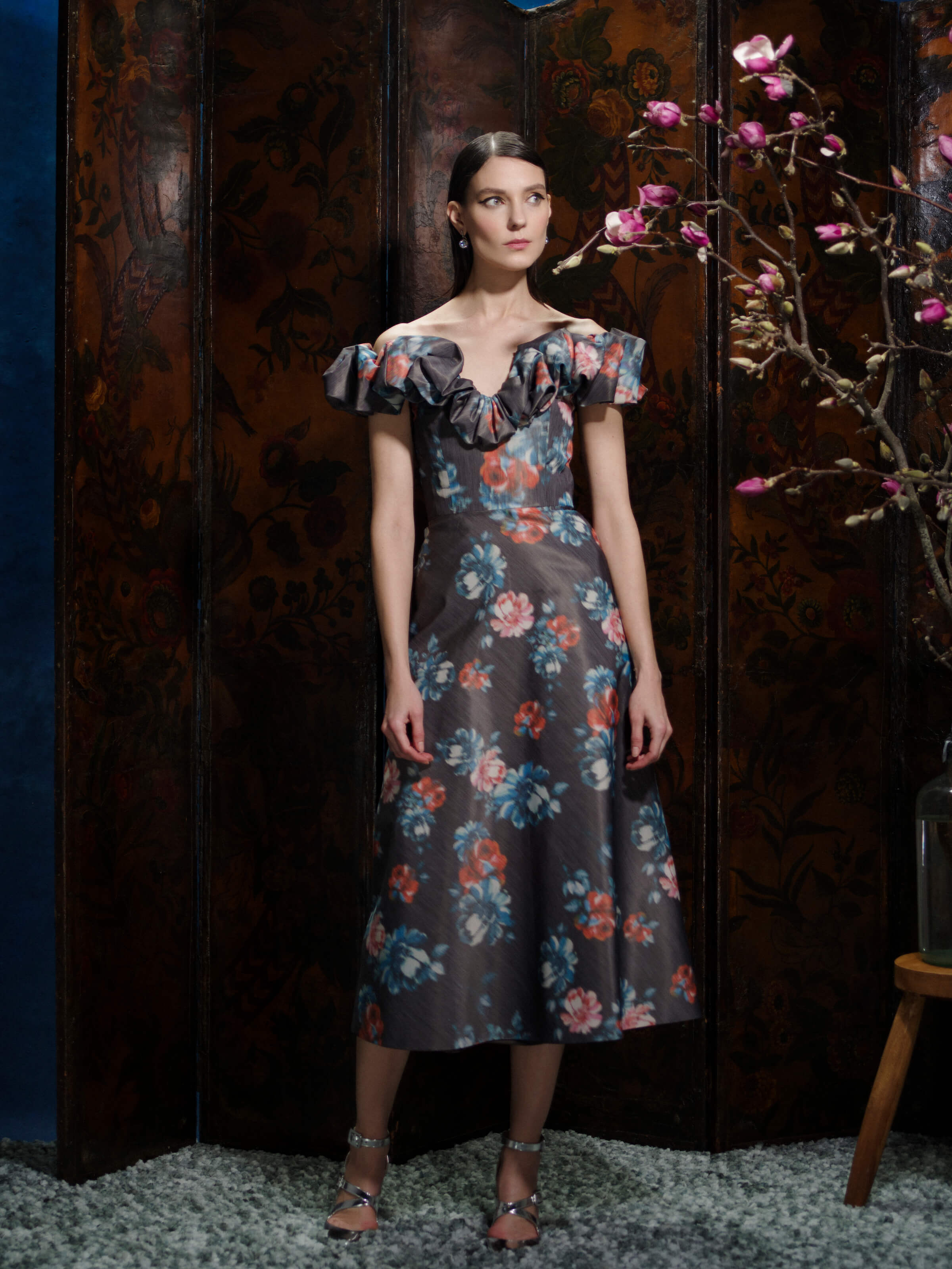 Giada Dark Floral Ikat Midi Dress