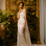 Ditsy Floral Gown With Shoulder Strap Trains