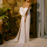 Evora Pearl Beaded White Lace Gown with Large Detachable Bow