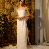 Evora Pearl Beaded White Lace Gown with Large Detachable Bow