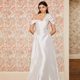 Edith White Silk Asymmetric Drape Shoulder Gown