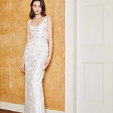 Sylvie White Silk Paneled Column Gown With Daisy Beading