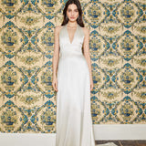 Francoise White Silk V Neck Halter Gown With Train