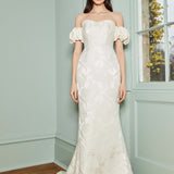 Luisa Off-The-Shoulder White Floral Jacquard Gown With Puff Sleeves