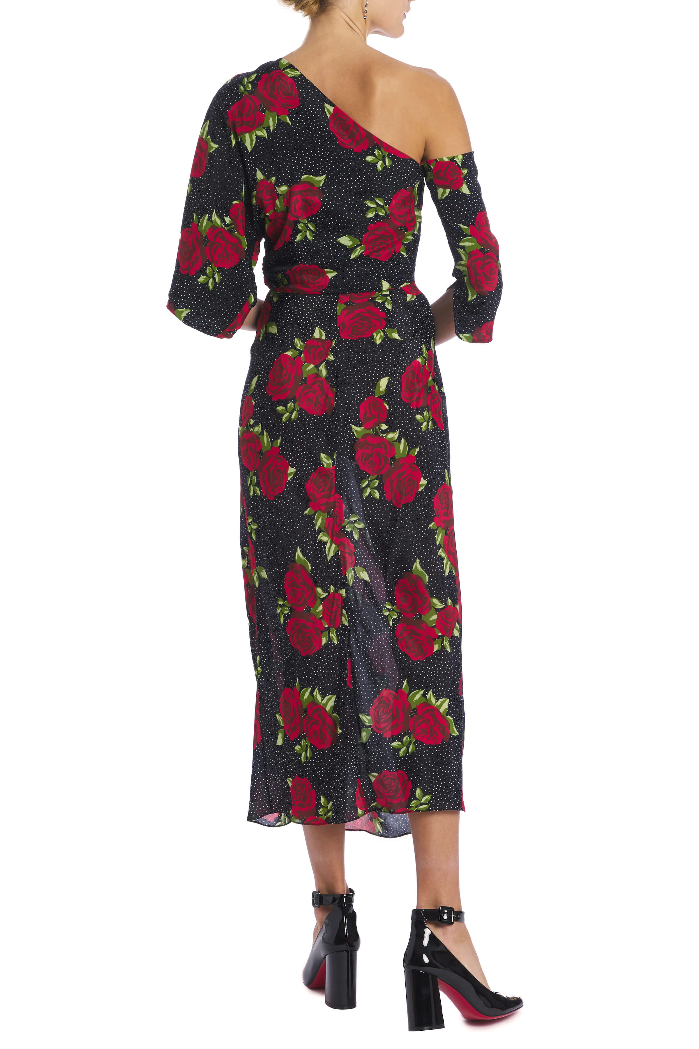 Bijou Rose Print Asymmetric Midi Dress