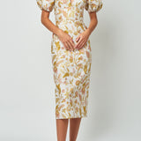 Yvette Pink and Gold Floral Brocade Midi Dress