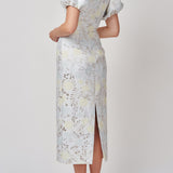 Yvette Ivory Metallic Brocade Puff Sleeve Dress