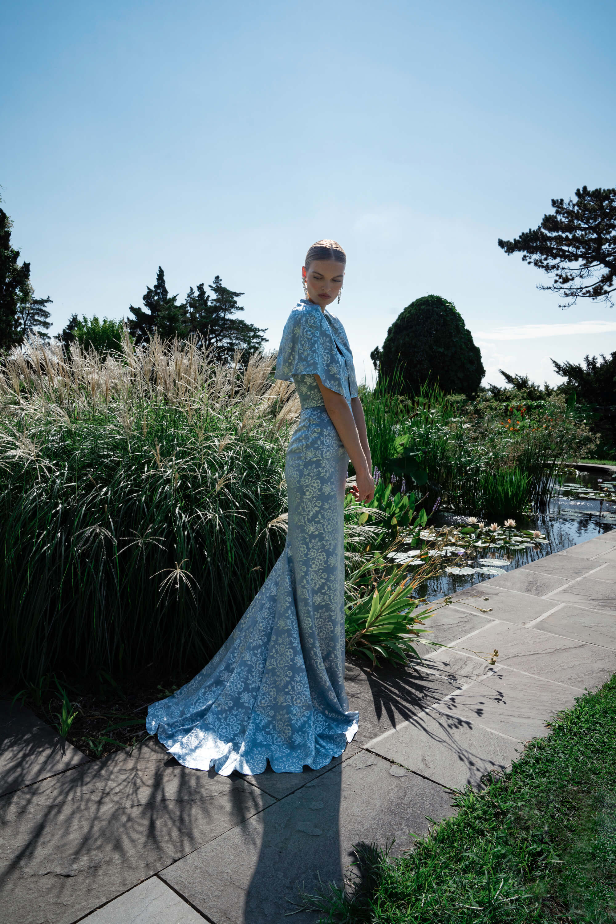 Leonora Blue Metallic Floral Strapless Gown