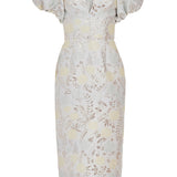 Yvette Ivory Metallic Brocade Puff Sleeve Dress