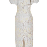 Yvette Ivory Metallic Brocade Puff Sleeve Dress