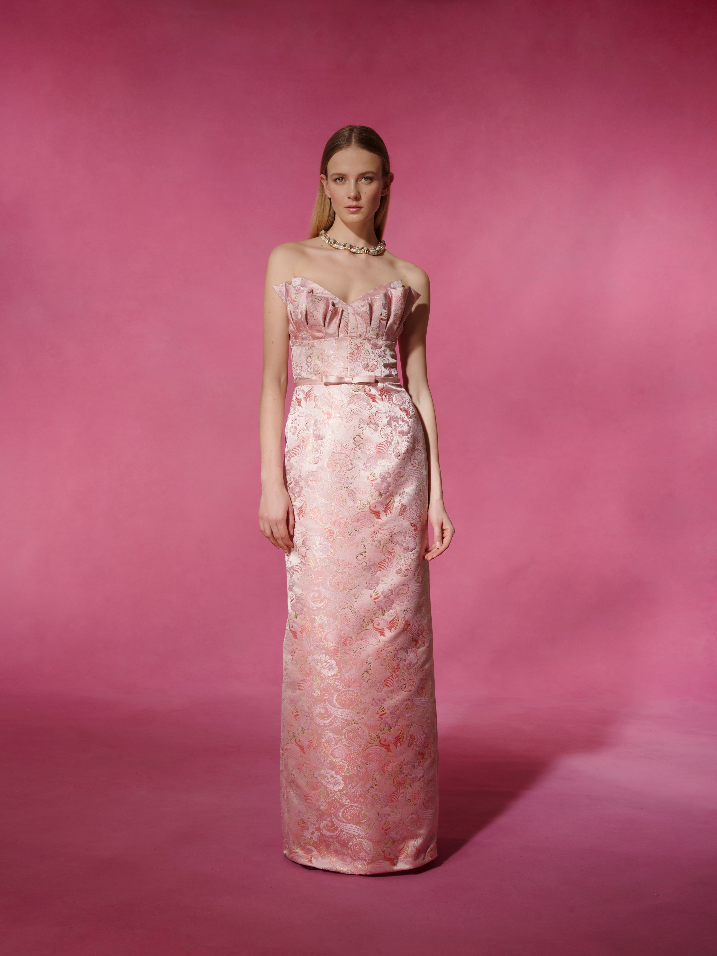 Rita Pink Butterfly Brocade Gown