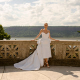 Helene Ruffled Bodice Midi Dress in Ivory Silk Faille