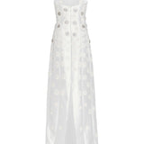 Sylvie White Silk Paneled Column Gown With Daisy Beading
