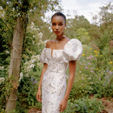 Yvette Ivory Metallic Brocade Puff Sleeve Dress